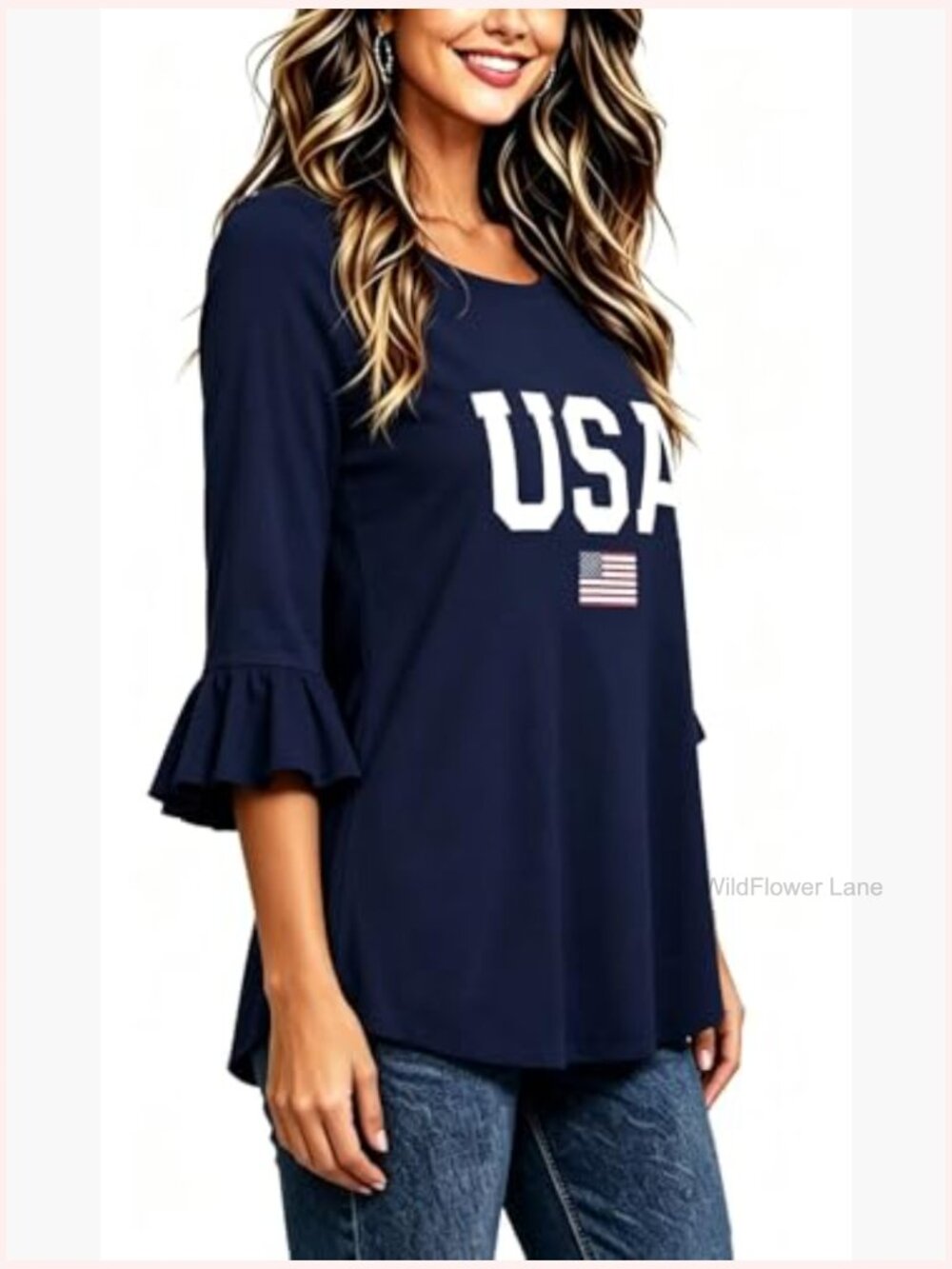 Patriotic Flowy Tunic Blouse 3/4 Bell Sleeve Ruffle Sleeve Casual Top - Picture 2 of 7